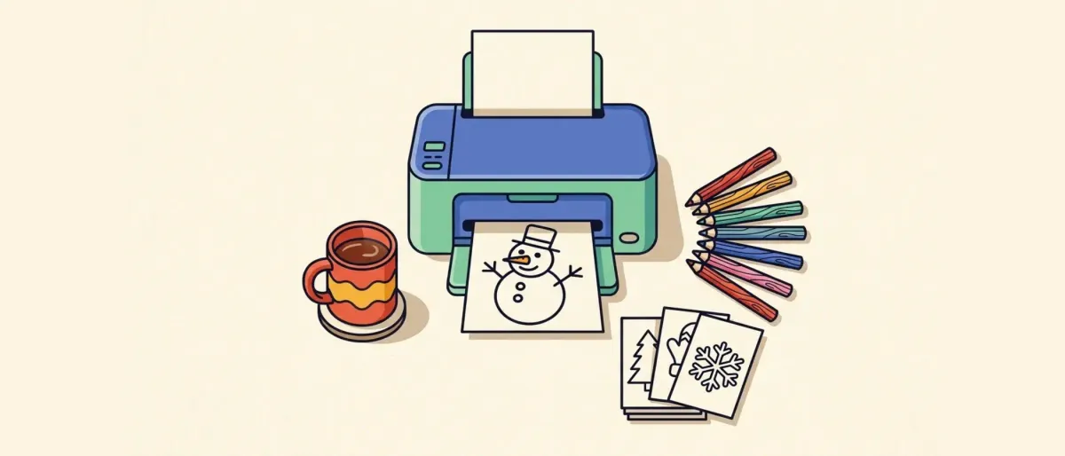 Printer, colored pencils and printed coloring pages on a cozy desk