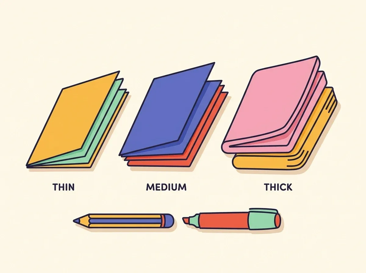 Thin, medium and thick paper sheets compared side by side