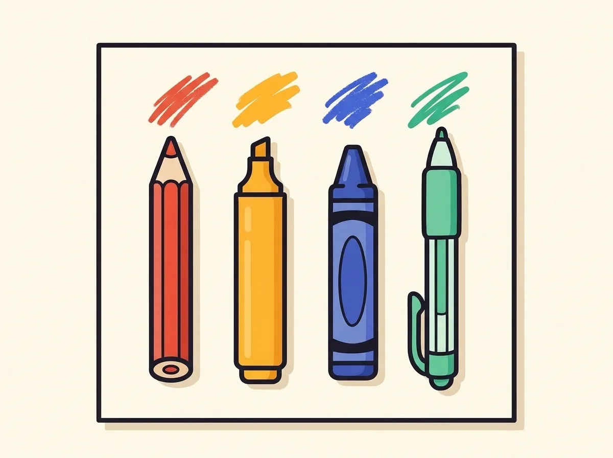 Illustration of a colored pencil, marker, crayon and gel pen side by side
